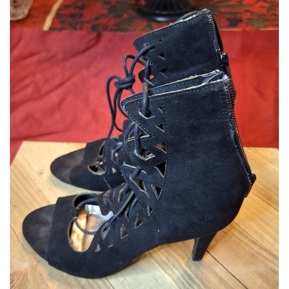 Black Faux Suede Lace Up Cut Out Peep Toe Gladiator Stiletto Ankle Boots‎ Sz 8.5